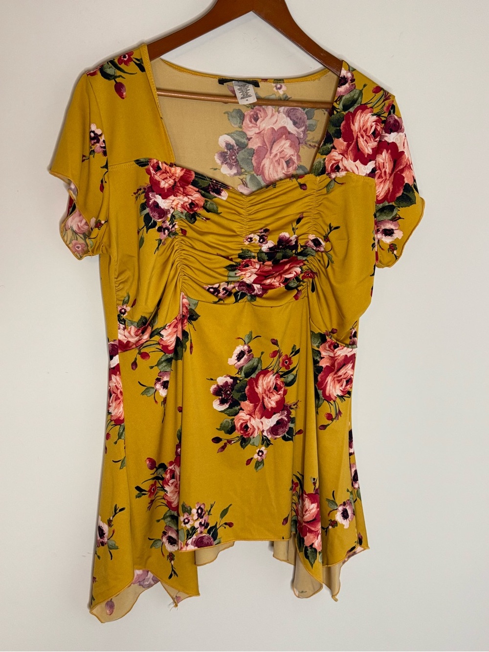 American City Wear Mustard Floral Ruched Sweetheart Top